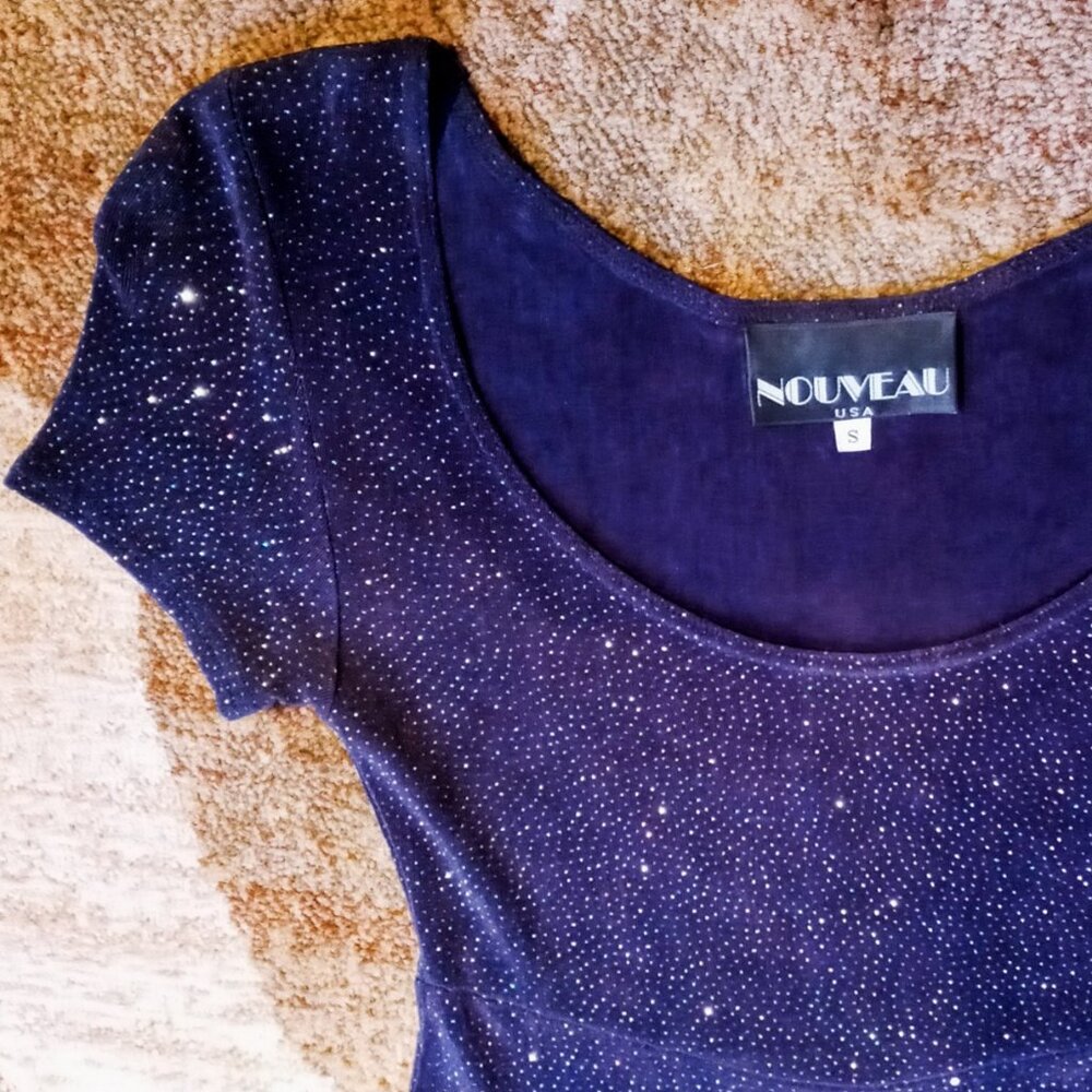 Stunning Skater Dress by Nouveau Midnight Blue Sparkly Stretchy Vintage Party - Picture 6 of 16